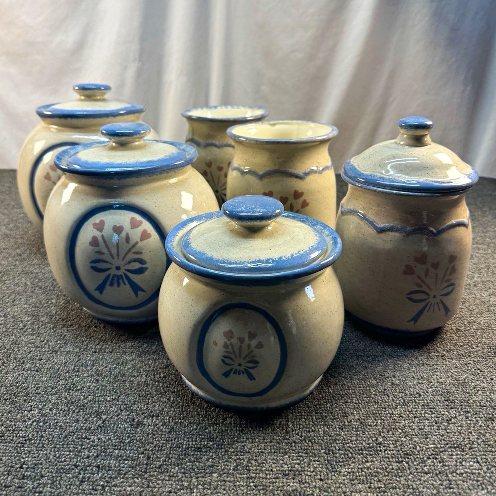 Art Pottery Ceramic Floral Canister Jar Set of 6 w/ Handle Lids Cream Blue Pink